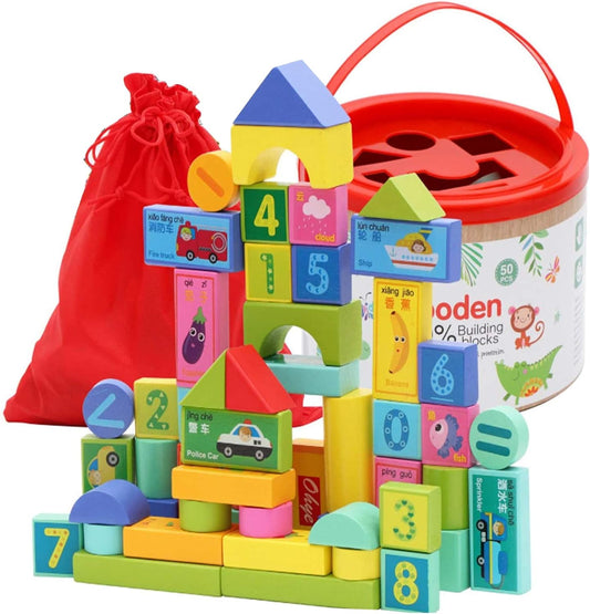 "Imagination Station: 50-Piece Wooden Building Blocks Set for Creative Learning and Fun | Perfect for Boys and Girls Ages 2-8"