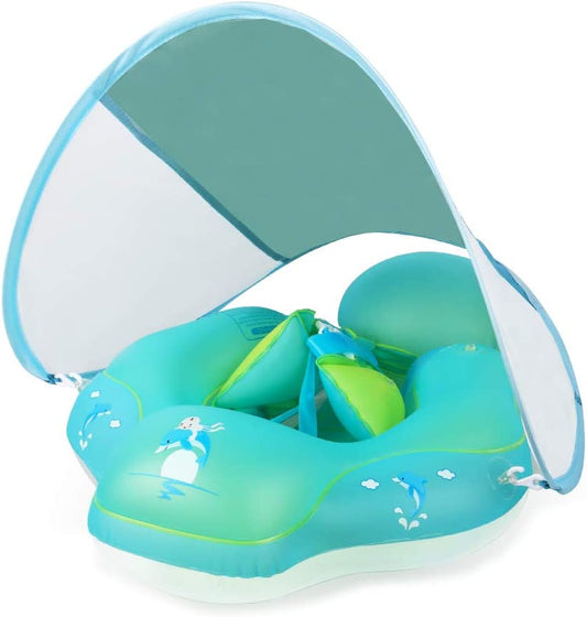 Swimming Float Ring with Removable Sun Protection Canopy, Anti-Slip Crotch, Add Tail Chamber Never Flip over Baby Floats for Pool Accessory Air Pump and 2 Pool Toys for Toddler 3 M-6 Yrs