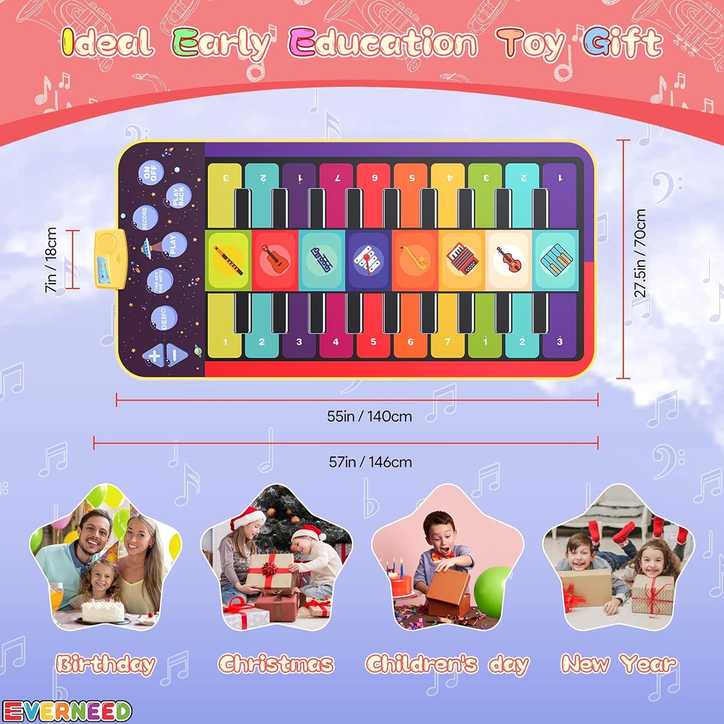 "Musical Magic Mat: the Perfect Christmas Gift for Little Music Prodigies! 55" Non-Slip Piano Mat for Toddlers, Cultivating Musical Talent from an Early Age (Suitable for 1-5 Year Olds)"