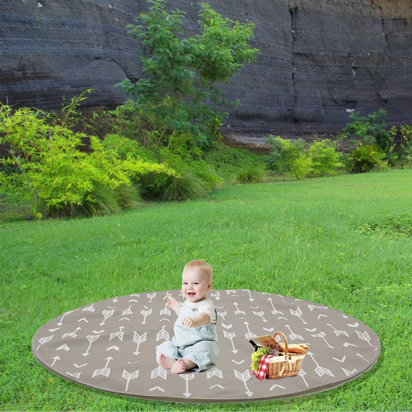 51" Multi-Purpose Waterproof Baby Splat Mat for under High Chiar, Portable Play Mat for Toddler, Non-Slip Floor Splash Mat and Table Cloth (Beige Arrow)