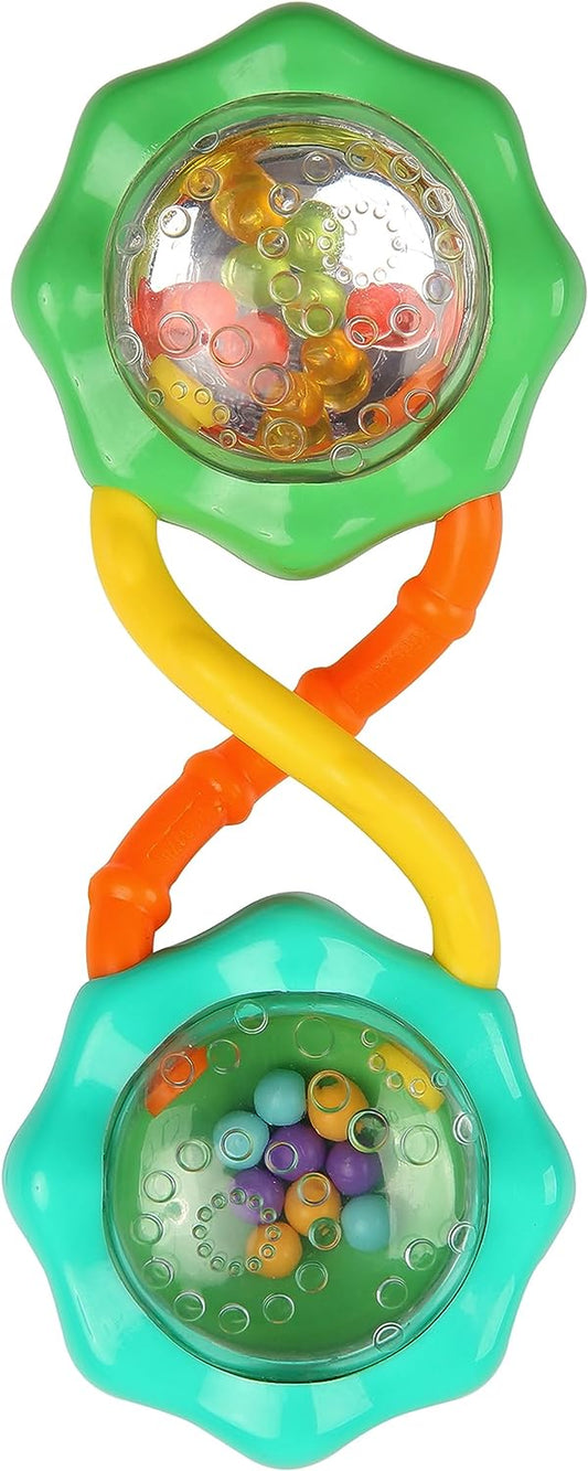 "Fun and Stimulating Rattle & Shake Barbell Toy for Babies 3 Months and up - Vibrant Green Color!"