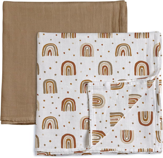 Bamboo Muslin Baby Swaddle Blankets, Ultra Soft Organic Cotton Receiving Blankets Wrap for Boys & Girls - Large 47 X 47 Inches, Cute Prints&Solid Color Newborn Swaddle Blankets, 2 Pack