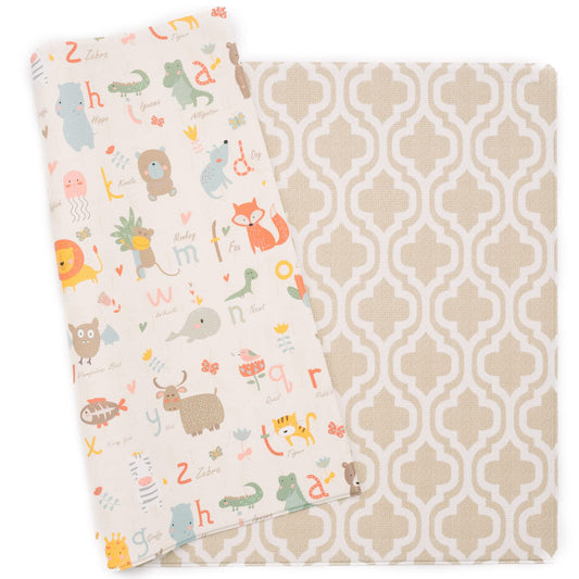 "Ultimate Comfort and Style: Reversible Waterproof Play Mat for Infants, Babies, Toddler, and Kids - Medium Size, Moroccan Beige Design - Rollable and Original One-Piece Construction - 73'' X 49''"