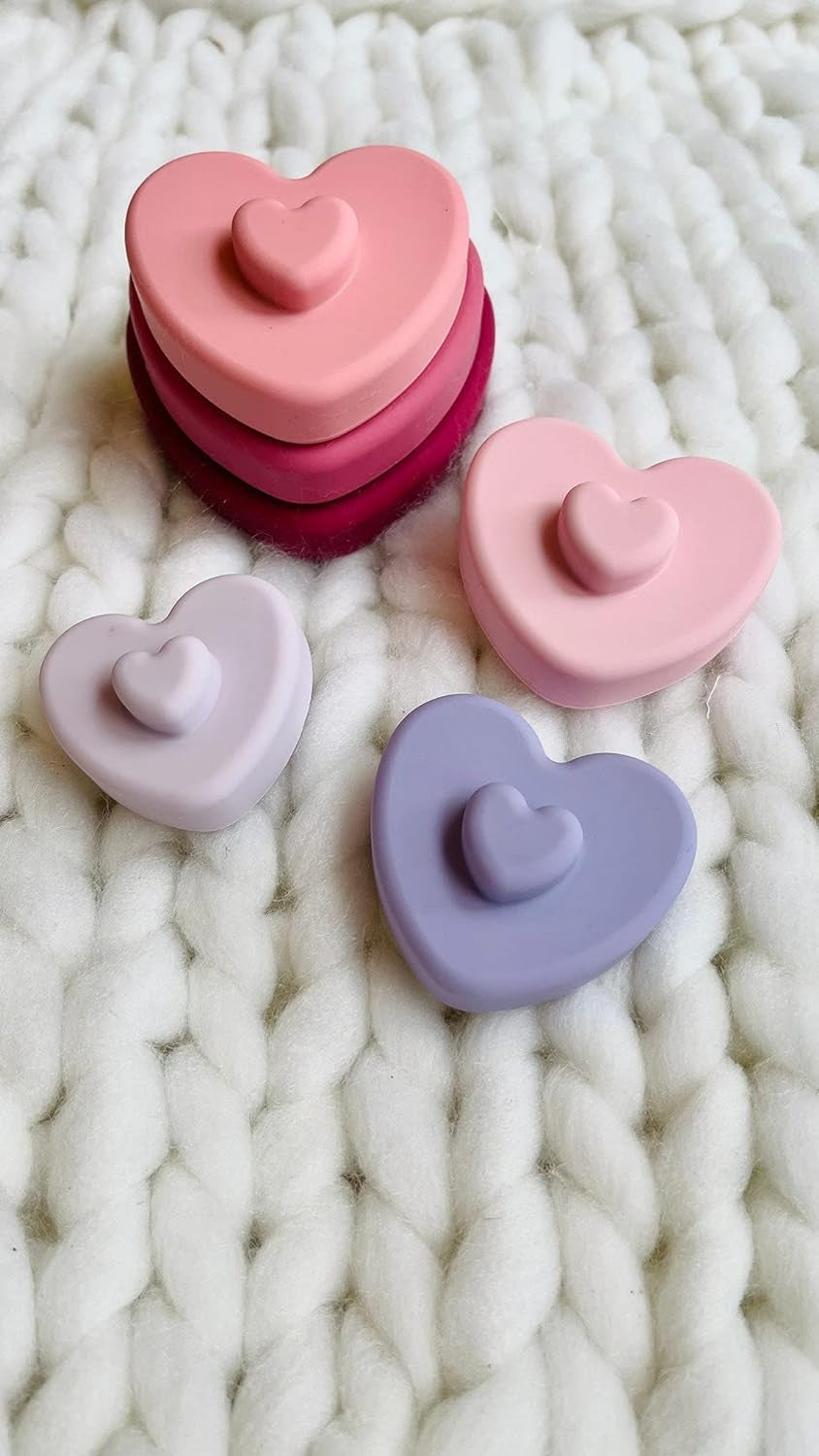 "Adorable Heart Shaped Silicone Stacking Toy - Baby Teether, Soft Building Blocks Tower, Montessori Educational Toy - Includes 6 Teething Rings for Babies"